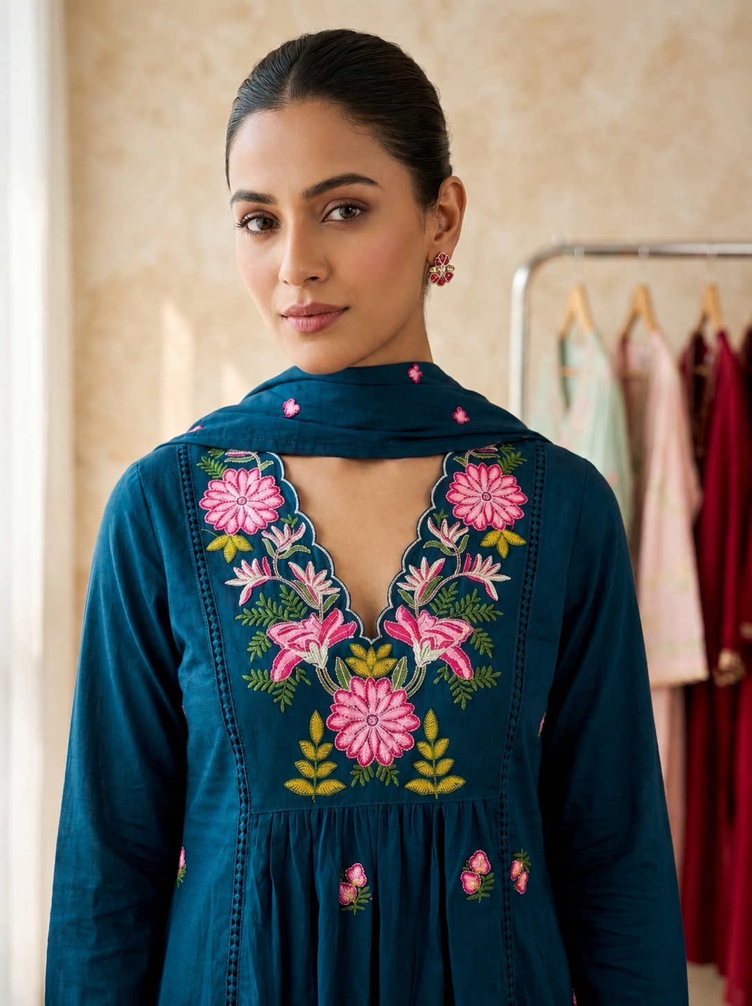 Sapphire Bloom Embroidered Cotton Suit Set with Dupatta