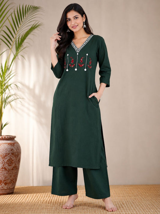 Forest Green Embroidered Cotton Kurta Pant Set