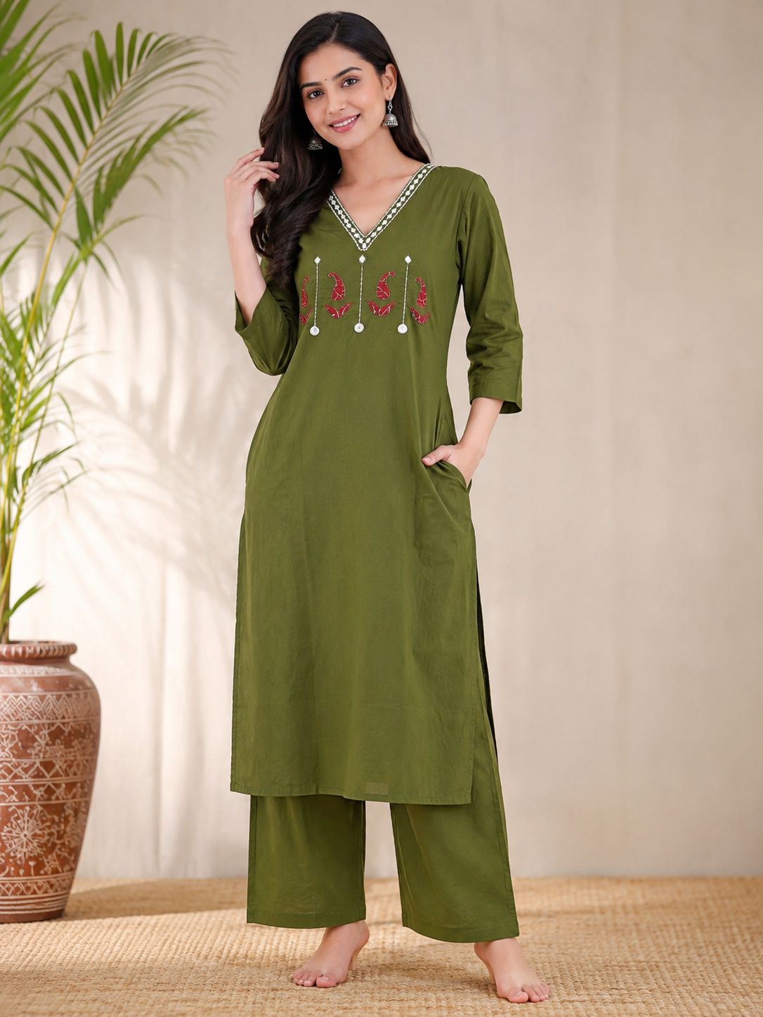 Olive Grace Embroidered Cotton Kurta Pant Set
