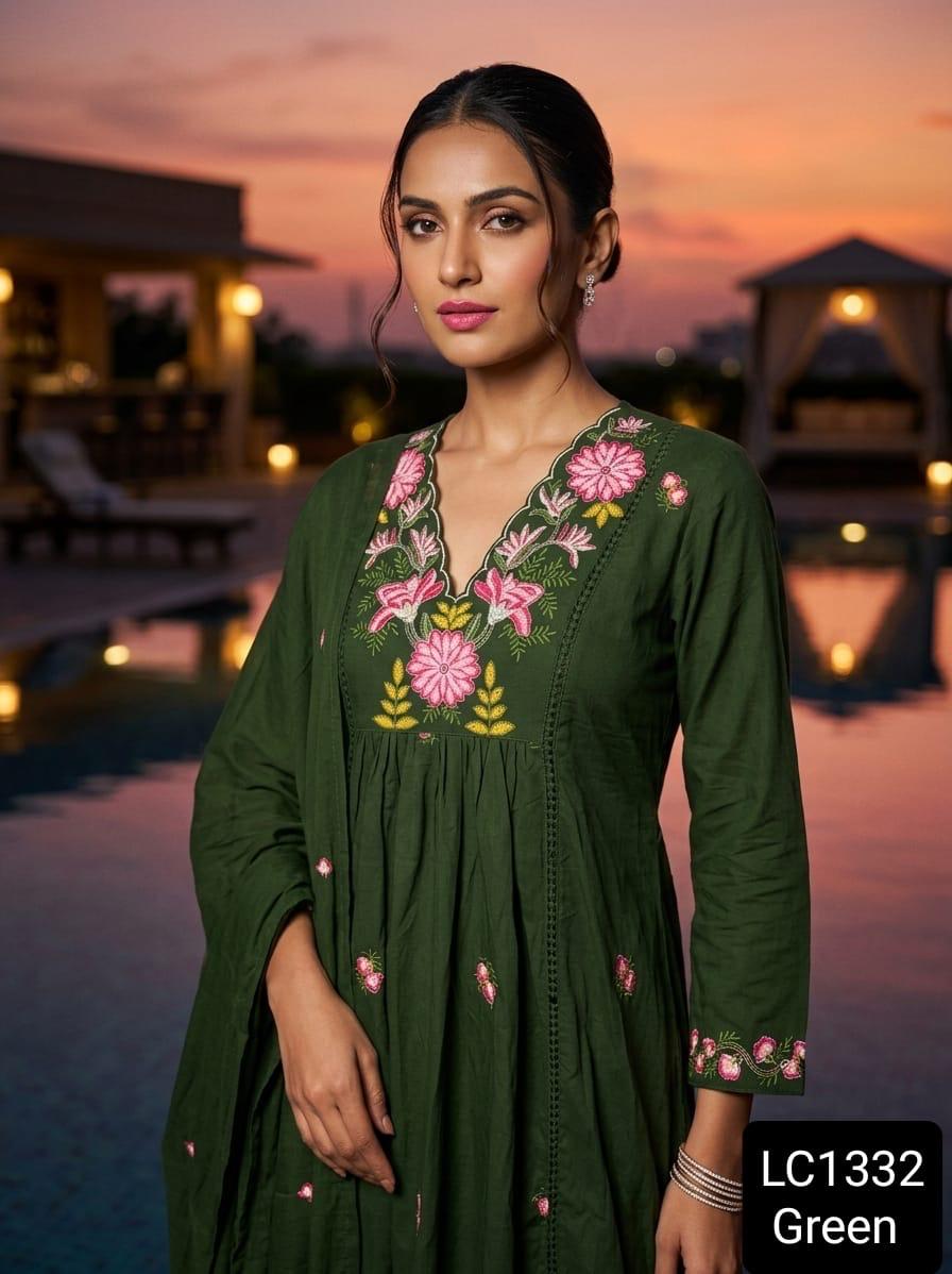 Emerald Bloom Embroidered Cotton Anarkali Kurta