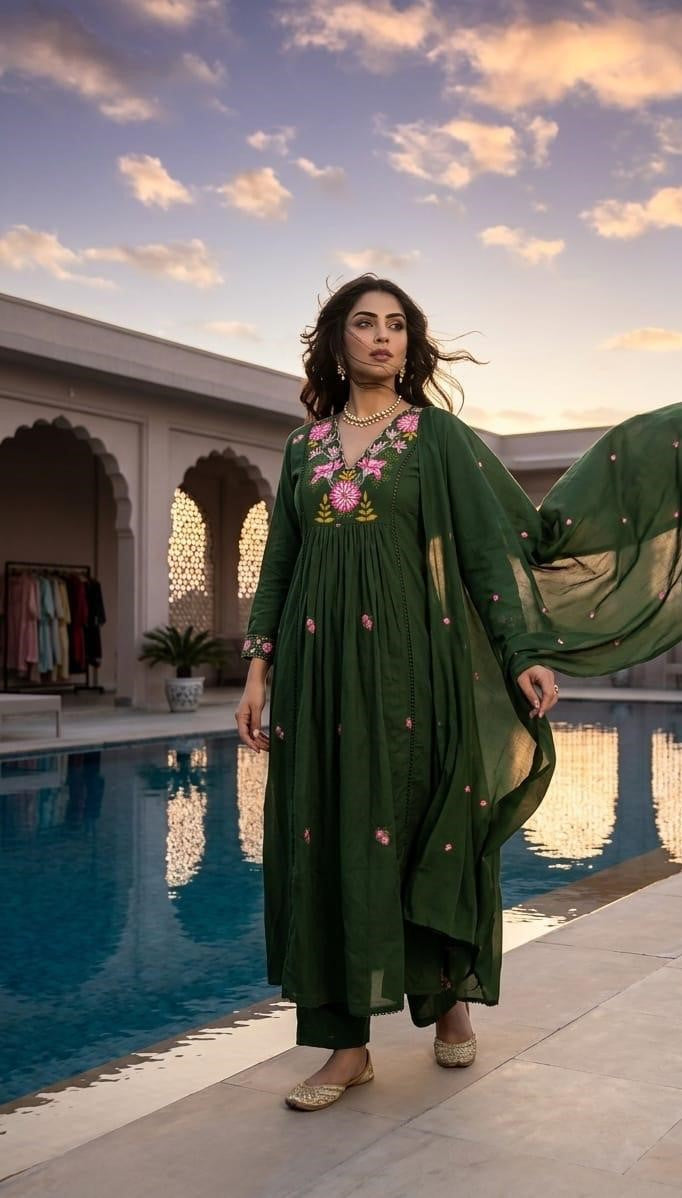 Emerald Bloom Embroidered Cotton Anarkali Kurta