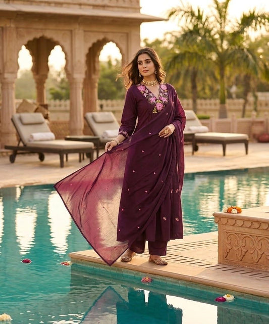 Royal Plum Embroidered Cotton Suit Set with Dupatta