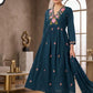 Midnight Teal Bloom Embroidered Cotton Anarkali Suit Set
