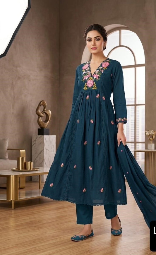 Midnight Teal Bloom Embroidered Cotton Anarkali Suit Set