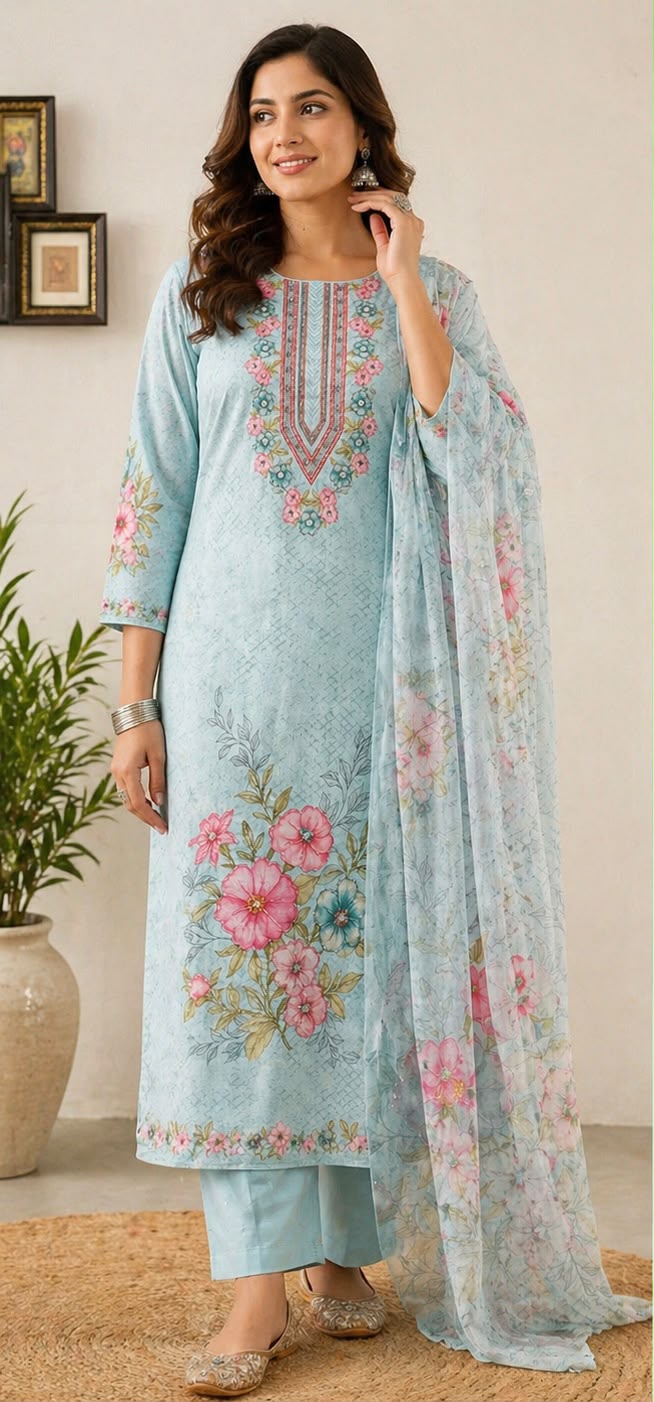 Sky Blossom Floral Printed Cotton Suit Set with Dupatta