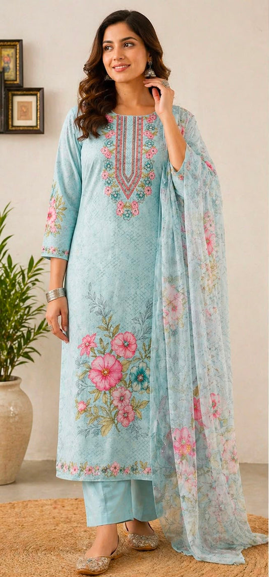 Sky Blossom Floral Printed Cotton Suit Set with Dupatta