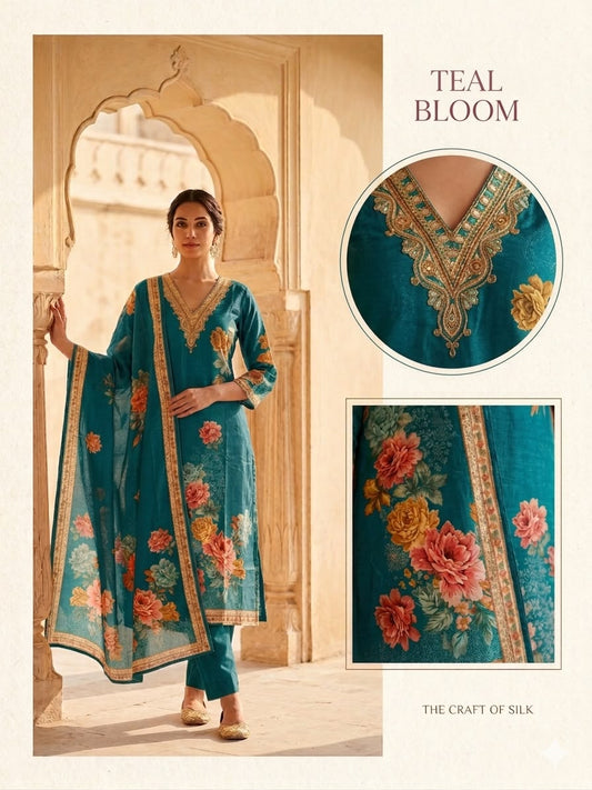 Teal Bloom Floral Printed Silk Suit Set