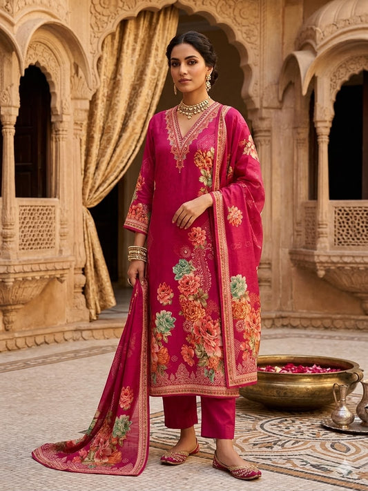 Royal Fuchsia Floral Printed Suit Set with Dupatta