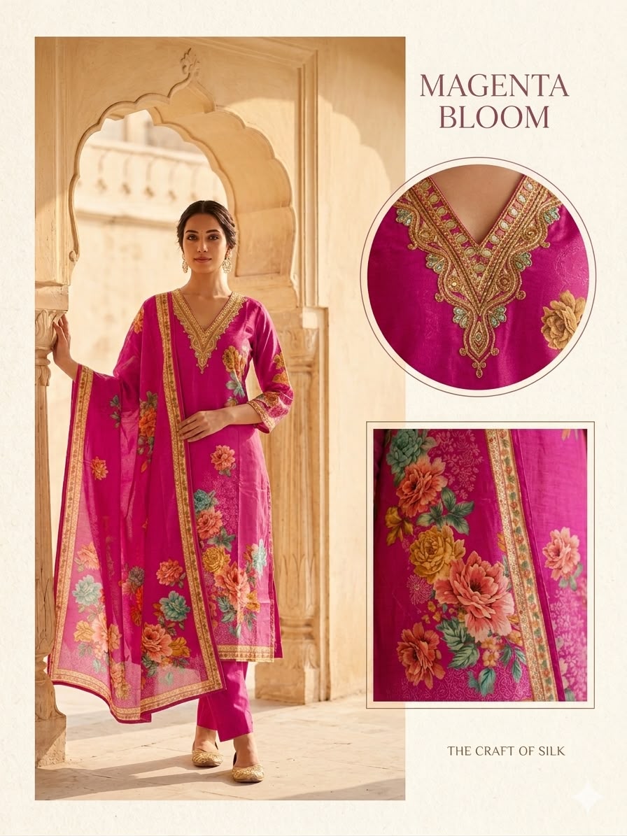 Magenta Bloom Floral Printed Silk Suit Set