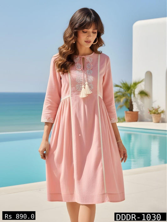 Blush Serenity Embroidered Cotton Midi Dress