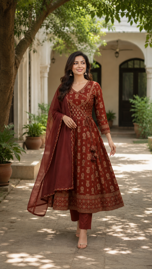 Anarkali Style Kurti Angrakha Pattern Pant Duppatta