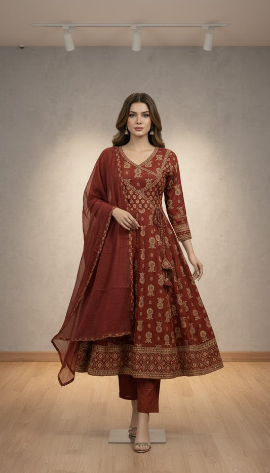 Anarkali Style Kurti Angrakha Pattern Pant Duppatta