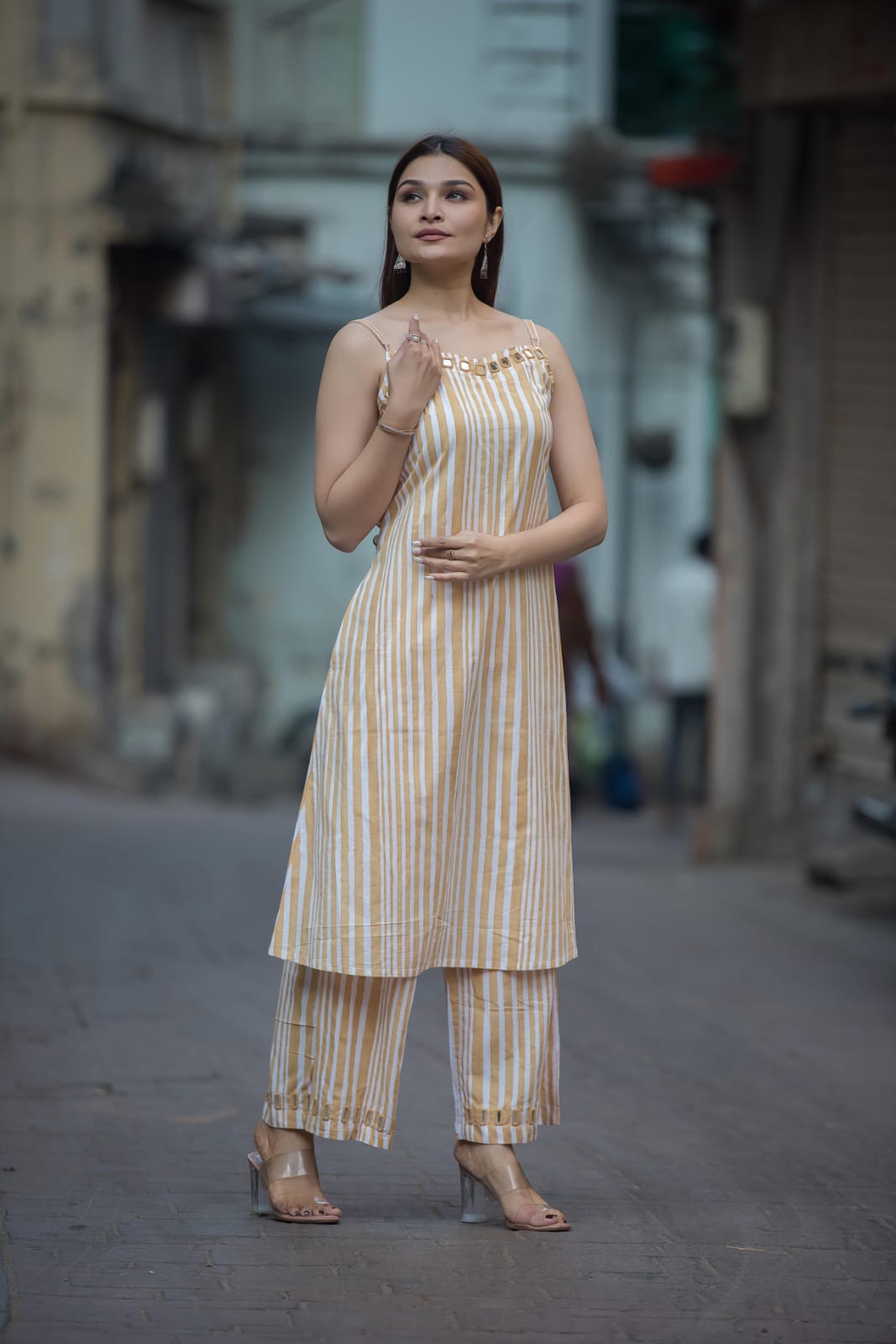 Hand block Stripe Spaghetti  Top & Palazzo
