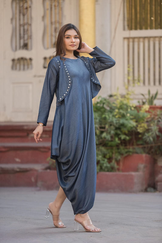 Tensil denim cowl style with mirror work koti