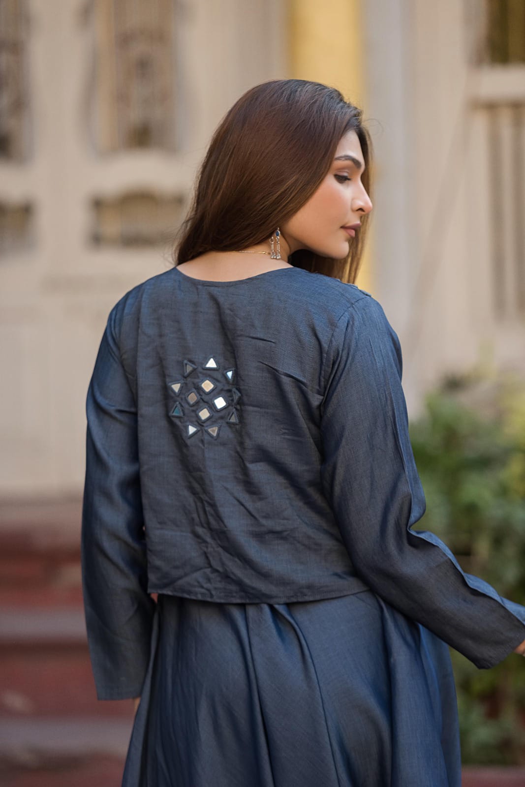 Tensil denim cowl style with mirror work koti