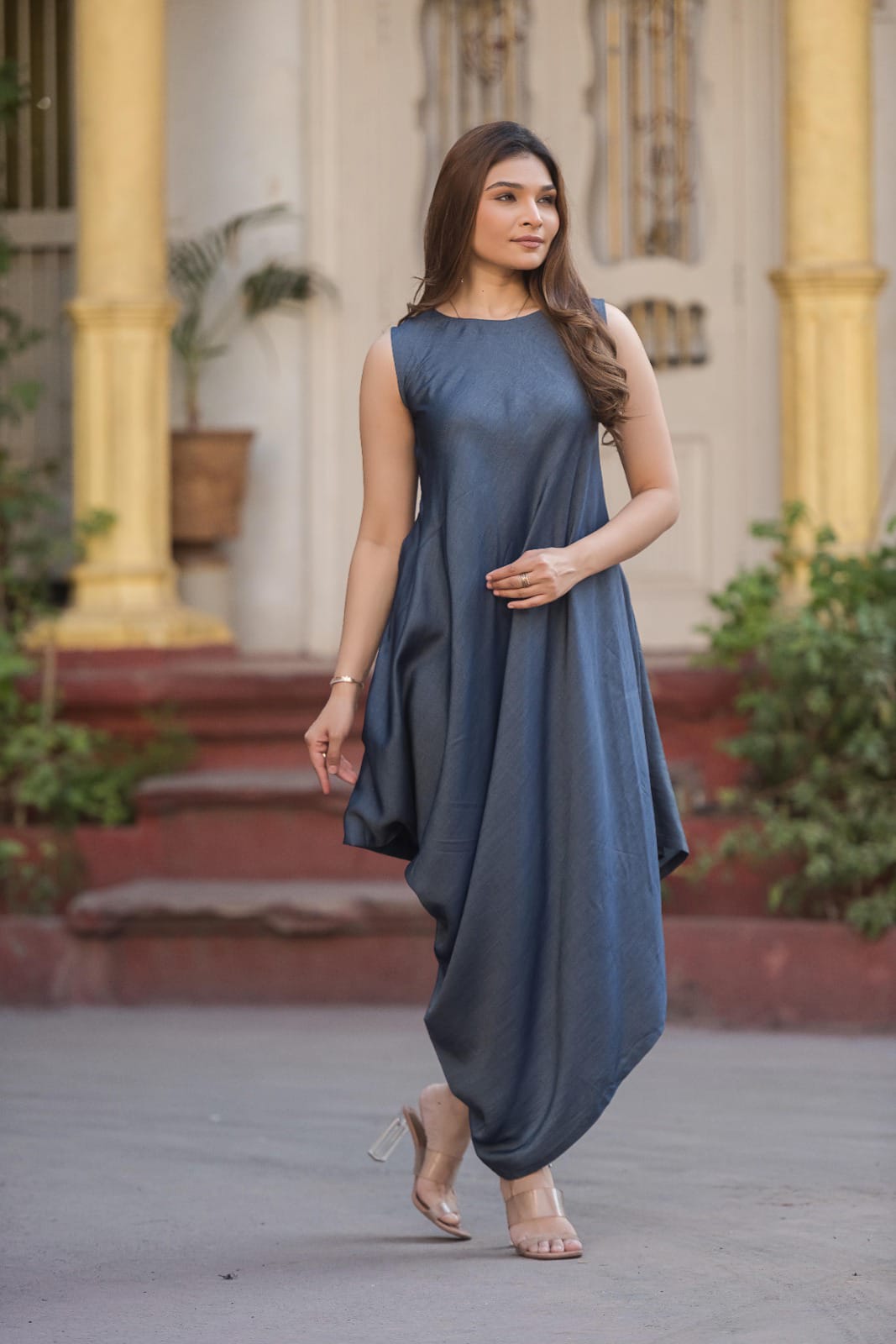 Tensil denim cowl style with mirror work koti