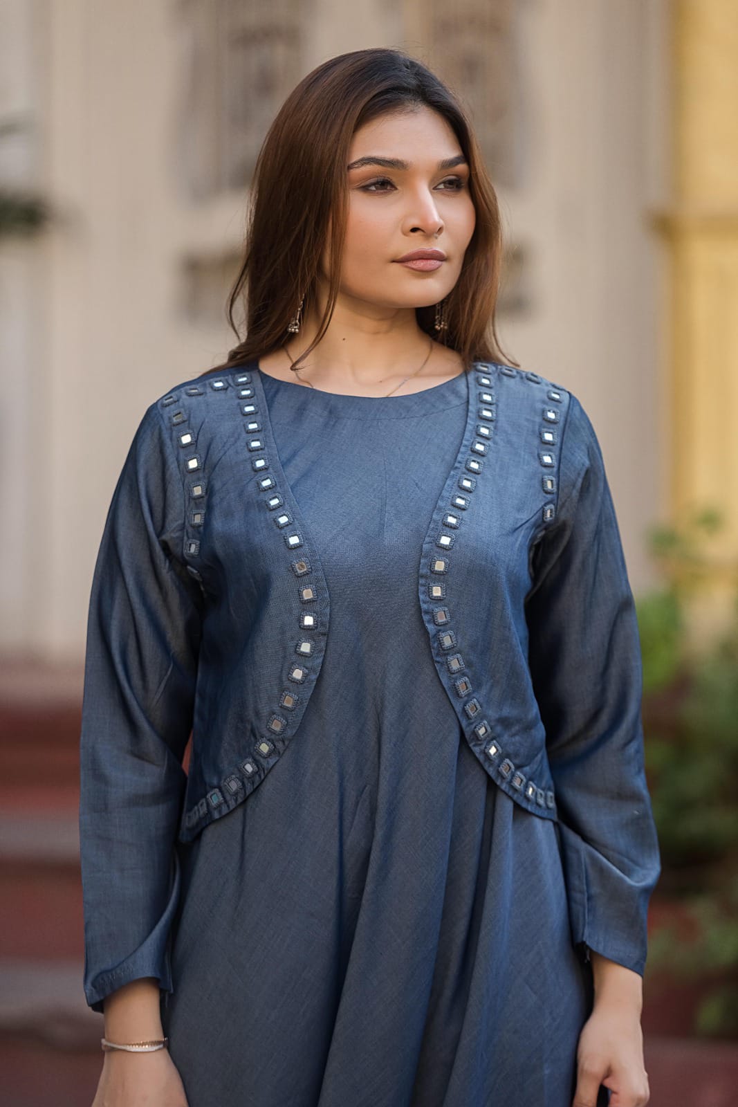 Tensil denim cowl style with mirror work koti