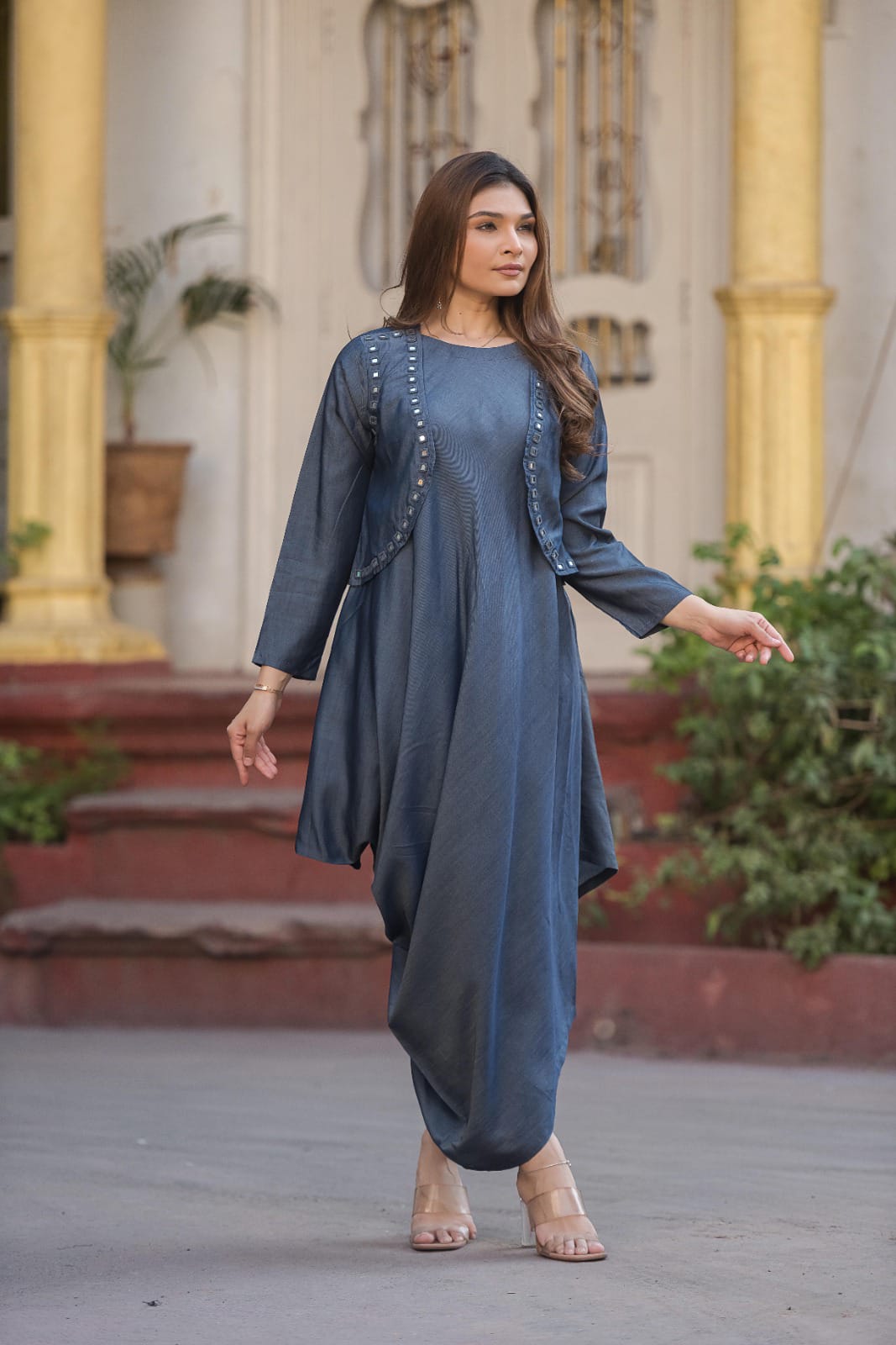 Tensil denim cowl style with mirror work koti
