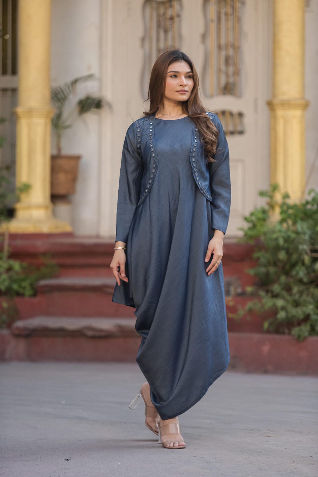 Tensil denim cowl style with mirror work koti